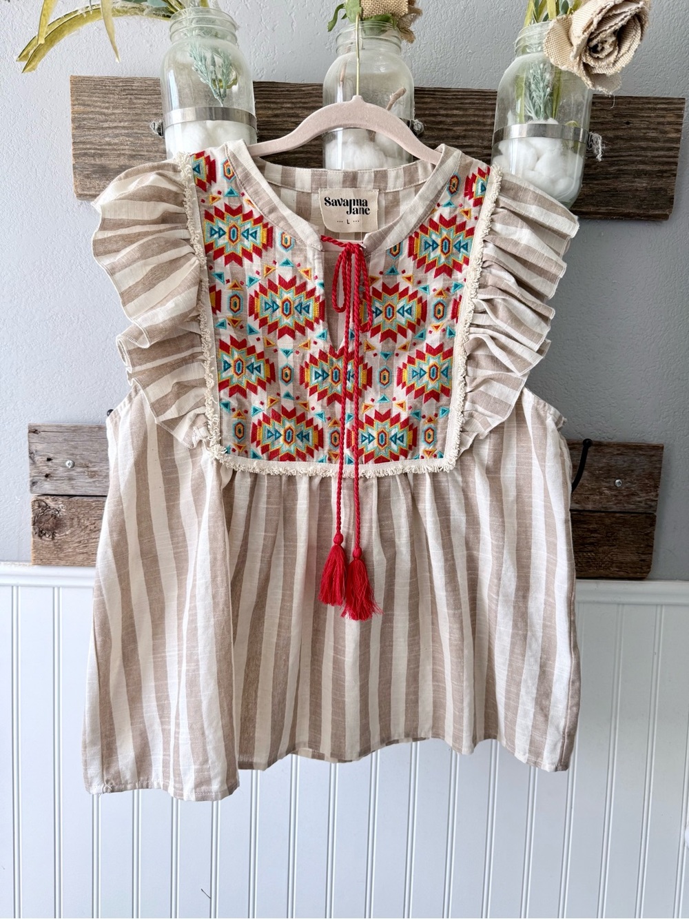 Savanna Jane Beige & Red Striped Embroidered Tassel Top